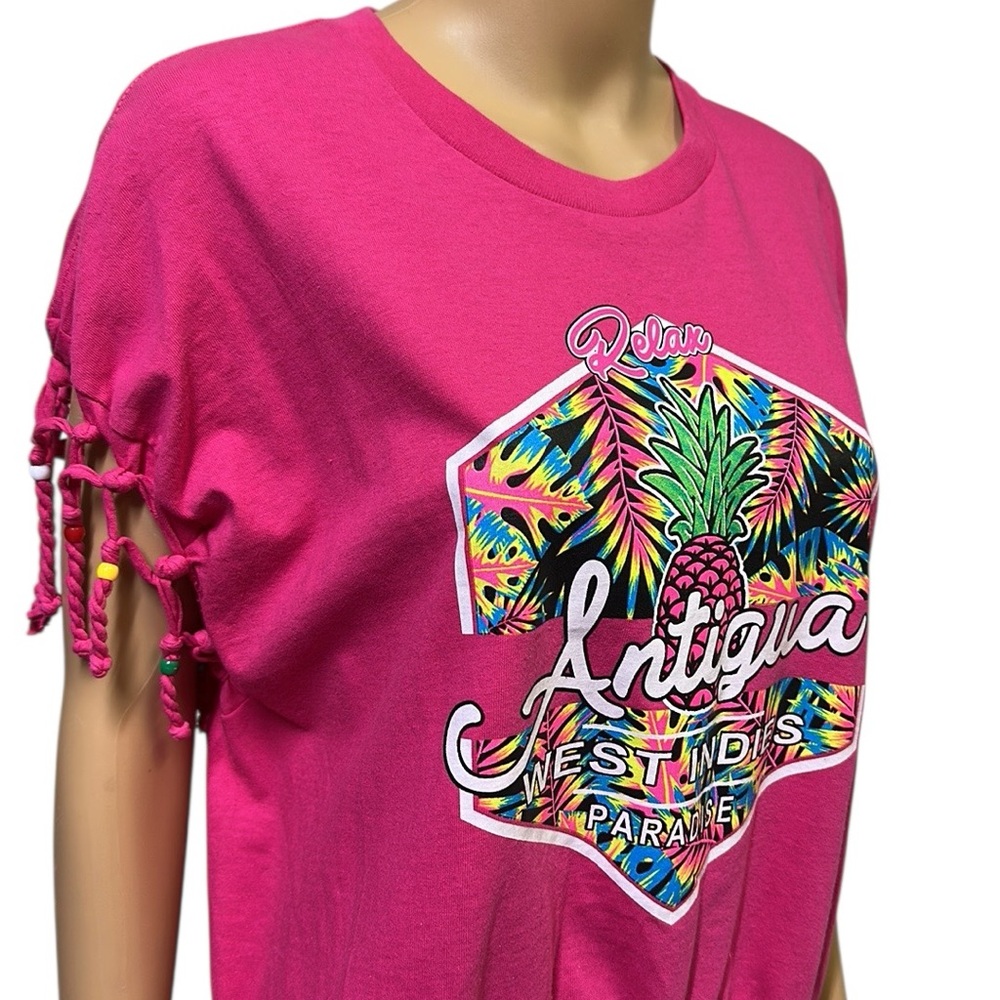 Antigua West Indies Beaded Fringed Pink Caribbean Pink Graphic Tee Womens XL - Picture 4 of 14
